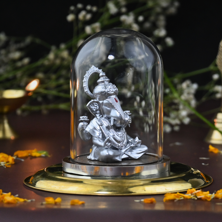 Shrimant Dagdusheth Ganpati Idol with Glass Dome – Ganesh Murti for Car Dashboard & Home Mandir