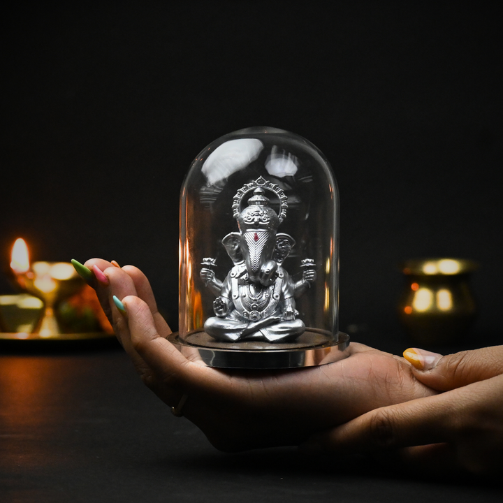 Shrimant Dagdusheth Ganpati Idol with Glass Dome – Ganesh Murti for Car Dashboard & Home Mandir