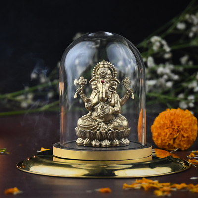 Shakti Ganesh Idol with Glass Dome (4 inch) – Ganpati Murti for Car Dashboard in Gold & Silver