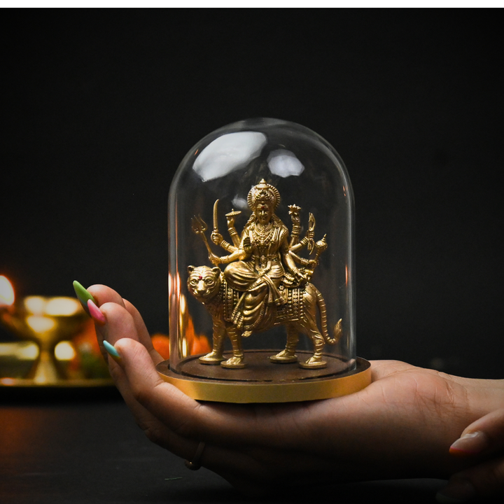 Shakti Durga Idol with Glass Dome (4 inch) – Durga Mata on Tiger for Car Dashboard & Mandir