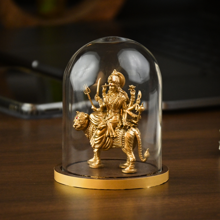 Shakti Durga Idol with Glass Dome (4 inch) – Durga Mata on Tiger for Car Dashboard & Mandir