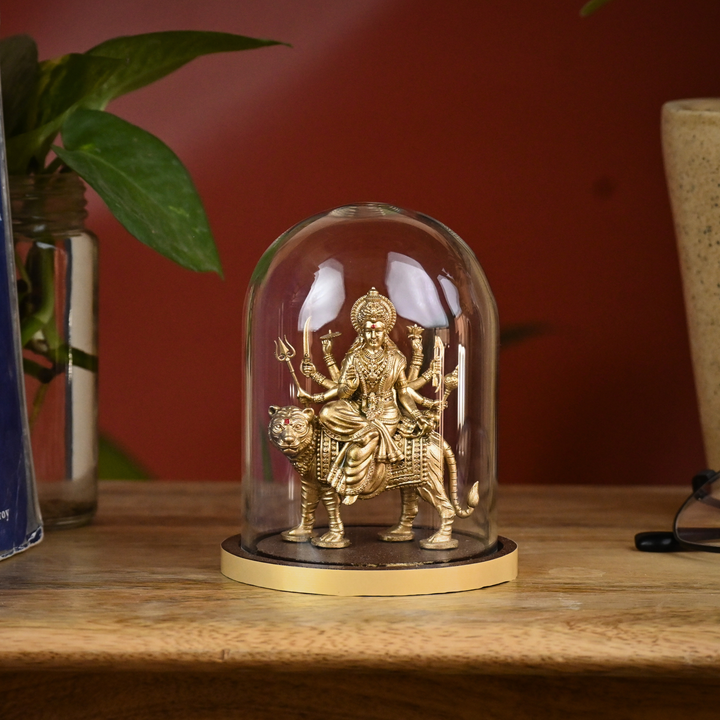 Shakti Durga Idol with Glass Dome (4 inch) – Durga Mata on Tiger for Car Dashboard & Mandir