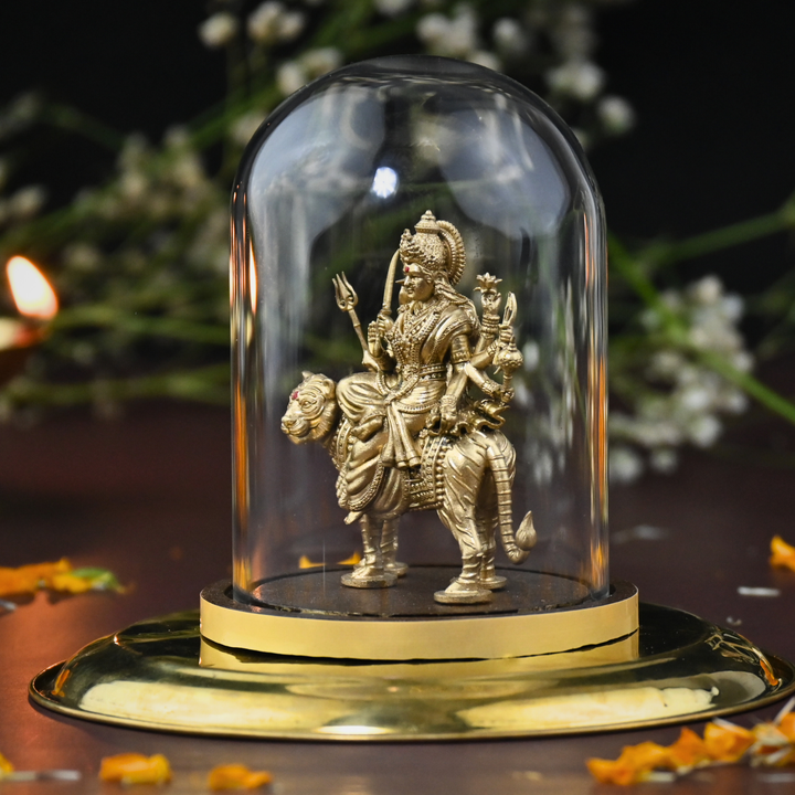 Shakti Durga Idol with Glass Dome (4 inch) – Durga Mata on Tiger for Car Dashboard & Mandir