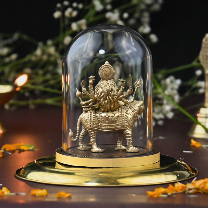 Shakti Durga Idol with Glass Dome (4 inch) – Durga Mata on Tiger for Car Dashboard & Mandir