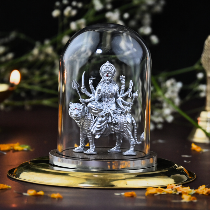 Shakti Durga Idol with Glass Dome (4 inch) – Durga Mata on Tiger for Car Dashboard & Mandir
