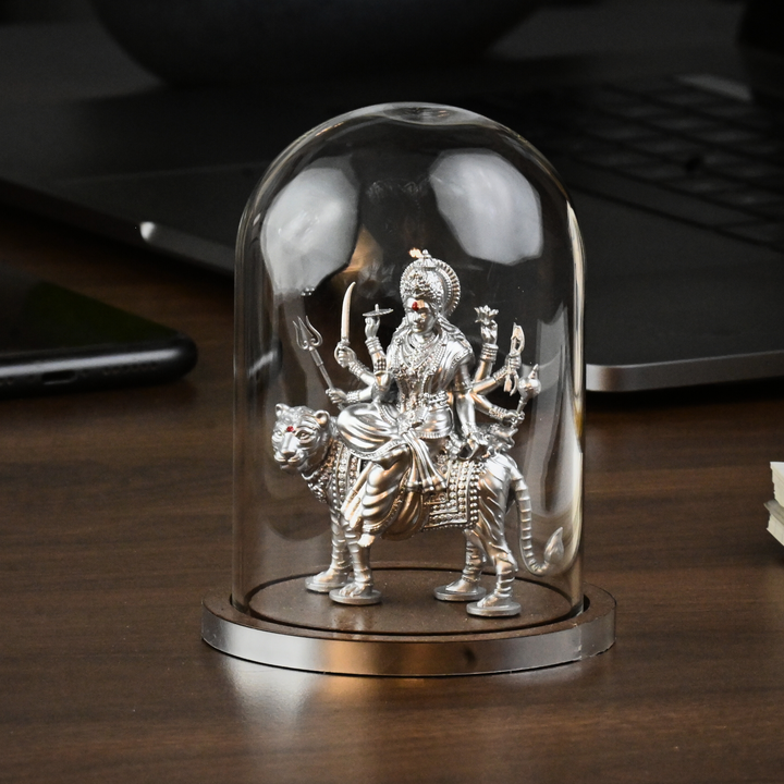 Shakti Durga Idol with Glass Dome (4 inch) – Durga Mata on Tiger for Car Dashboard & Mandir