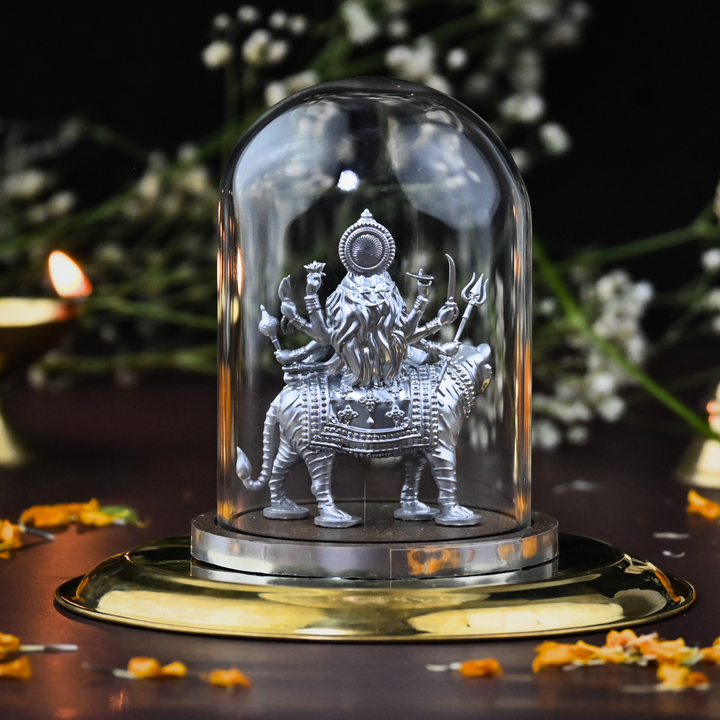 Shakti Durga Idol with Glass Dome (4 inch) – Durga Mata on Tiger for Car Dashboard & Mandir
