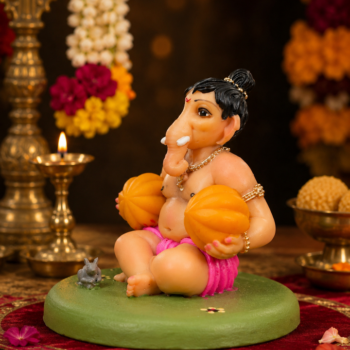 Modak Bal Ganesh Murti (4 inch) – Child Ganpati Idol in Pink & Orange for Home Mandir
