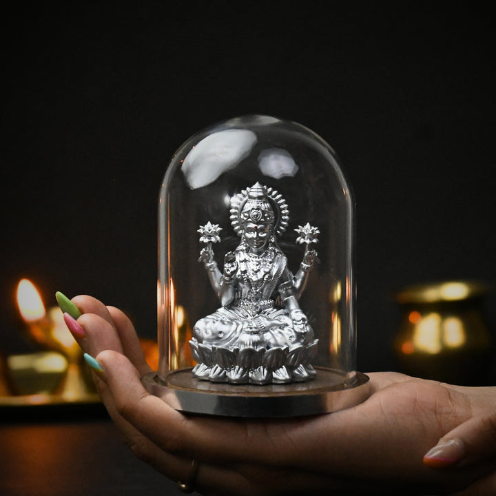 Shri Mahalakshmi Idol with Glass Dome (4 inch) – Lakshmi Murti for Home Mandir & Cash Counter