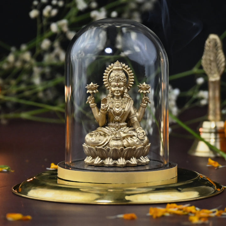 Shri Mahalakshmi Idol with Glass Dome (4 inch) – Lakshmi Murti for Home Mandir & Cash Counter