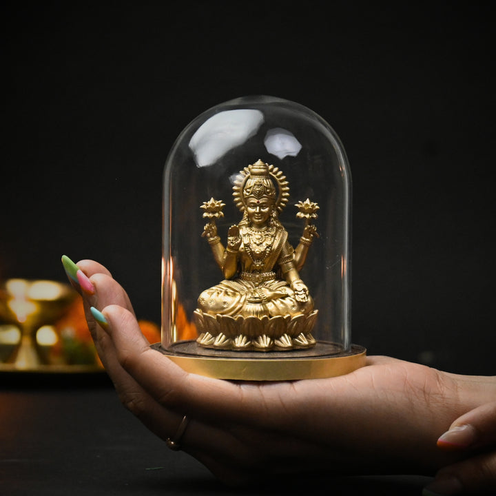 Shri Mahalakshmi Idol with Glass Dome (4 inch) – Lakshmi Murti for Home Mandir & Cash Counter
