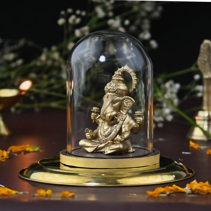 Shrimant Dagdusheth Ganpati Idol with Glass Dome – Ganesh Murti for Car Dashboard & Home Mandir