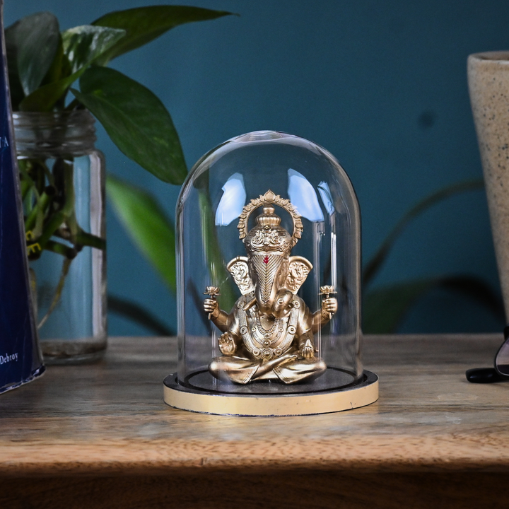 Shrimant Dagdusheth Ganpati Idol with Glass Dome – Ganesh Murti for Car Dashboard & Home Mandir