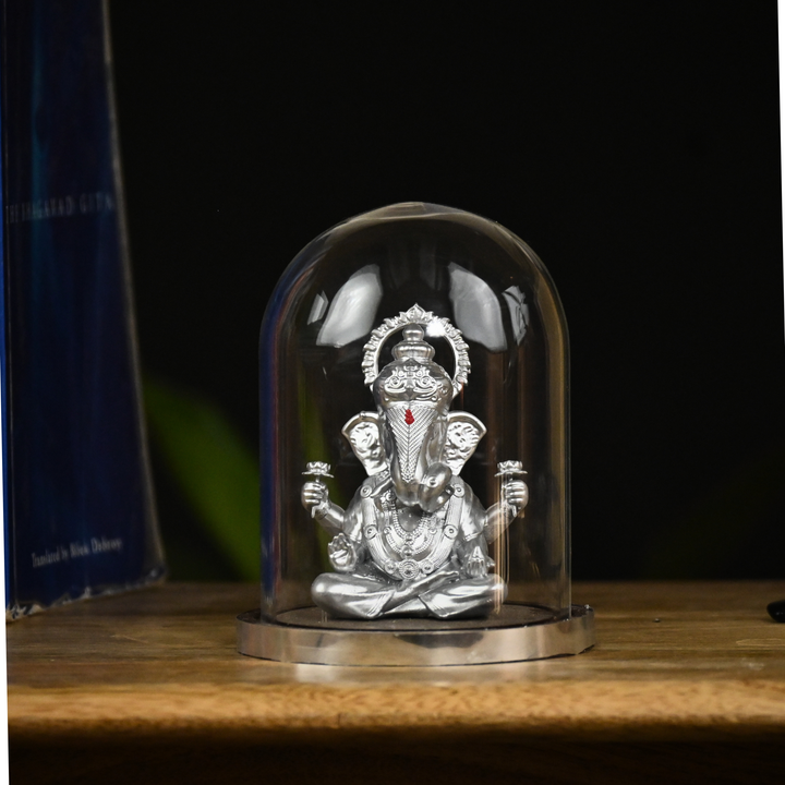 Shrimant Dagdusheth Ganpati Idol with Glass Dome – Ganesh Murti for Car Dashboard & Home Mandir