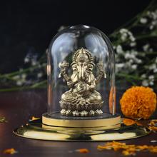Shakti Ganesh Idol with Glass Dome (4 inch) – Ganpati Murti for Car Dashboard in Gold & Silver