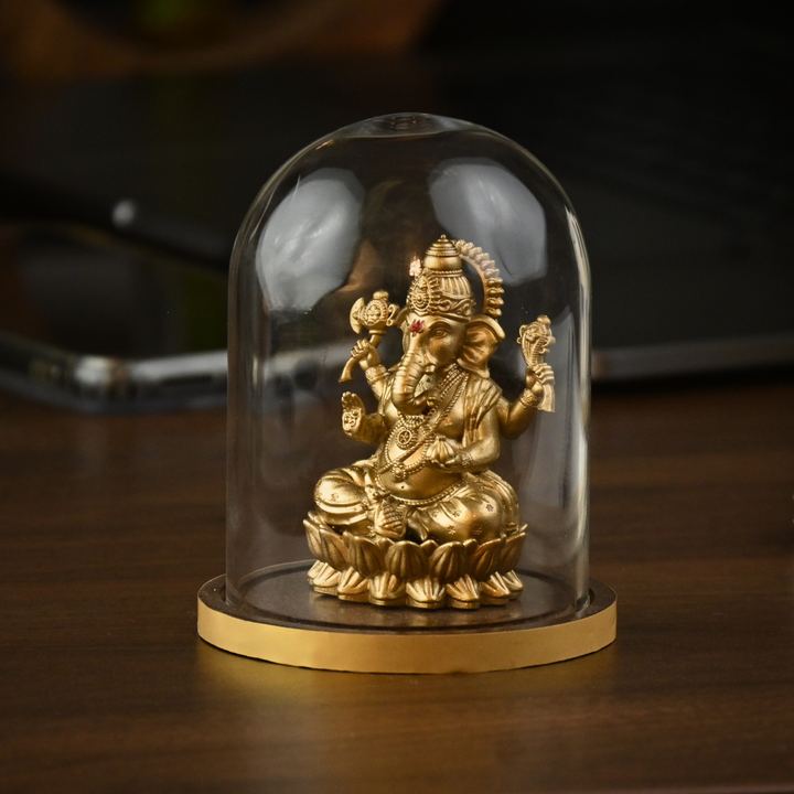 Shakti Ganesh Idol with Glass Dome (4 inch) – Ganpati Murti for Car Dashboard in Gold & Silver
