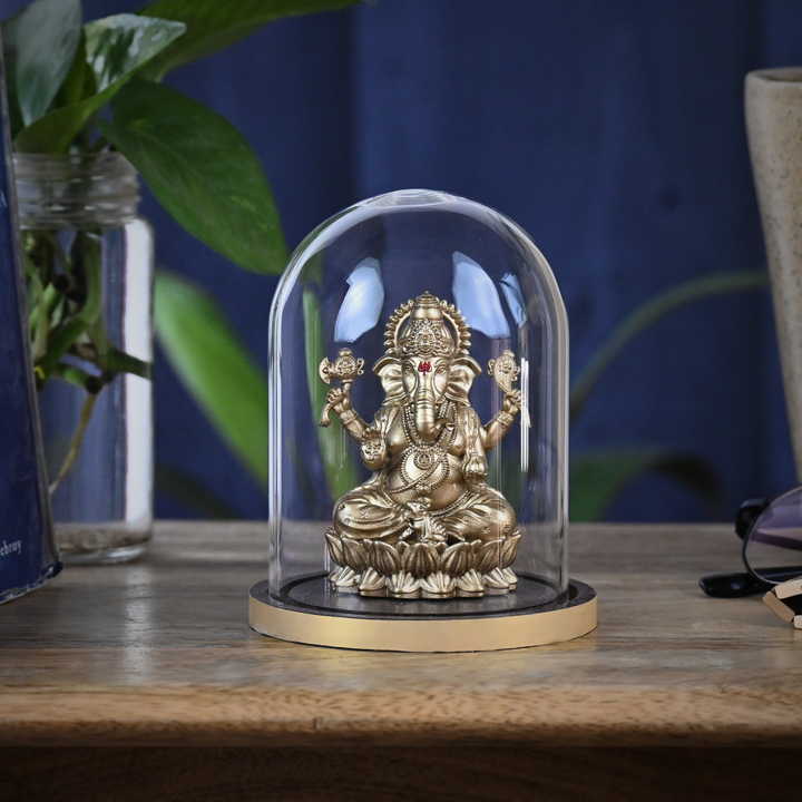 Shakti Ganesh Idol with Glass Dome (4 inch) – Ganpati Murti for Car Dashboard in Gold & Silver