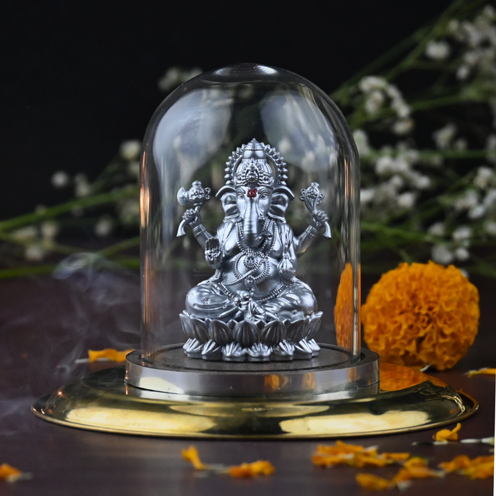 Shakti Ganesh Idol with Glass Dome (4 inch) – Ganpati Murti for Car Dashboard in Gold & Silver
