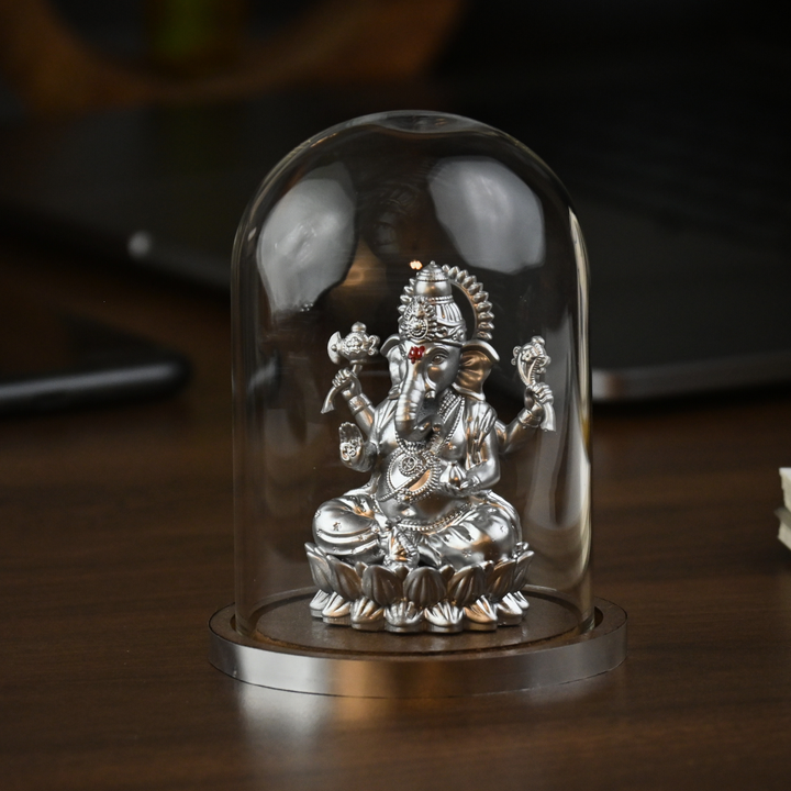 Shakti Ganesh Idol with Glass Dome (4 inch) – Ganpati Murti for Car Dashboard in Gold & Silver