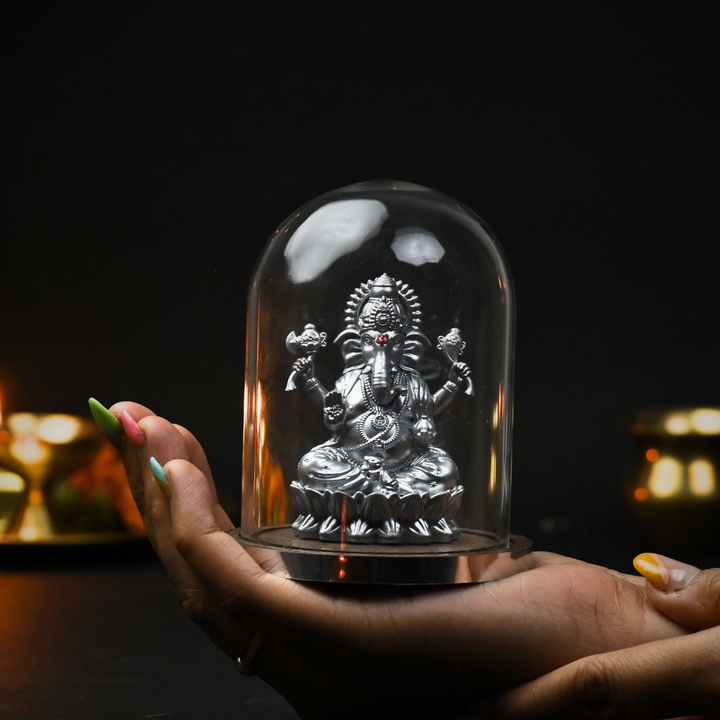 Shakti Ganesh Idol with Glass Dome (4 inch) – Ganpati Murti for Car Dashboard in Gold & Silver