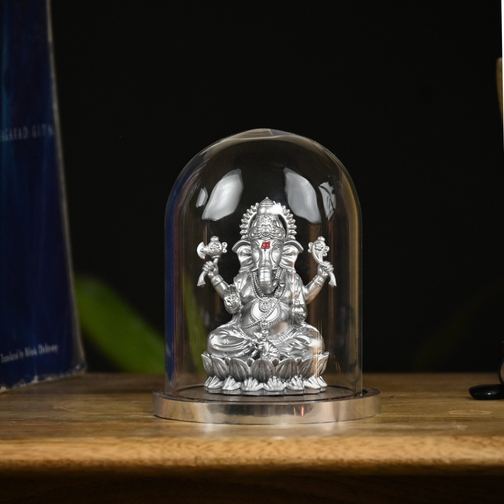 Shakti Ganesh Idol with Glass Dome (4 inch) – Ganpati Murti for Car Dashboard in Gold & Silver