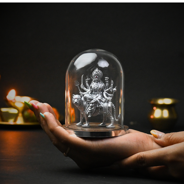 Shakti Durga Idol with Glass Dome (4 inch) – Durga Mata on Tiger for Car Dashboard & Mandir