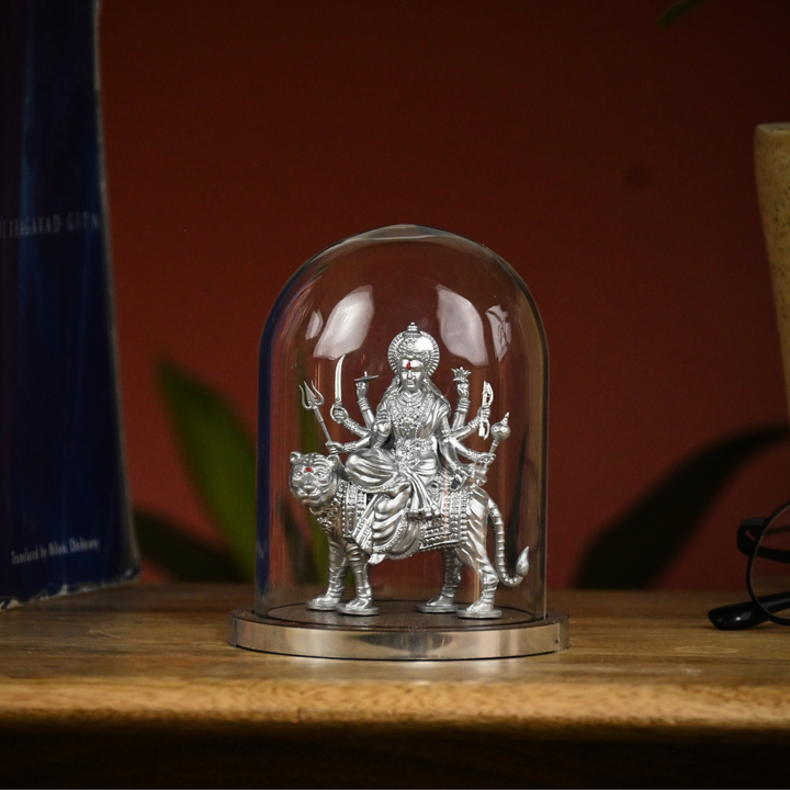 Shakti Durga Idol with Glass Dome (4 inch) – Durga Mata on Tiger for Car Dashboard & Mandir
