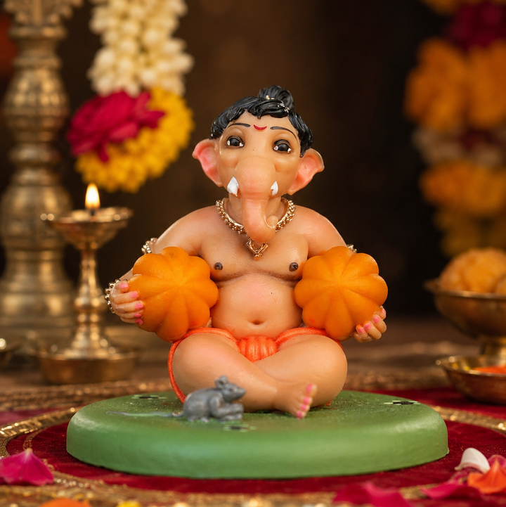 Modak Bal Ganesh Murti (4 inch) – Child Ganpati Idol in Pink & Orange for Home Mandir