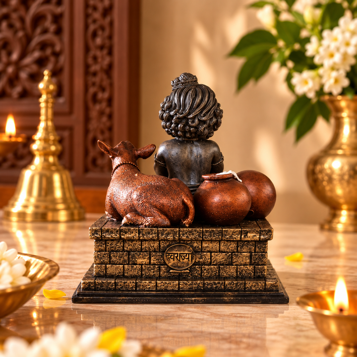 Bal Krishna Murti (4 inch) – Makhan Chor Krishna with Cow Idol for Home Mandir