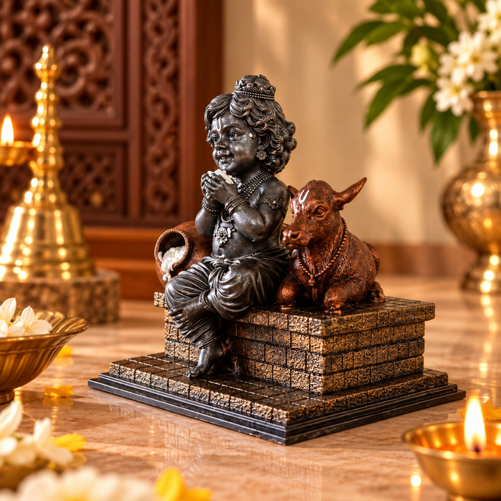 Bal Krishna Murti (4 inch) – Makhan Chor Krishna with Cow Idol for Home Mandir