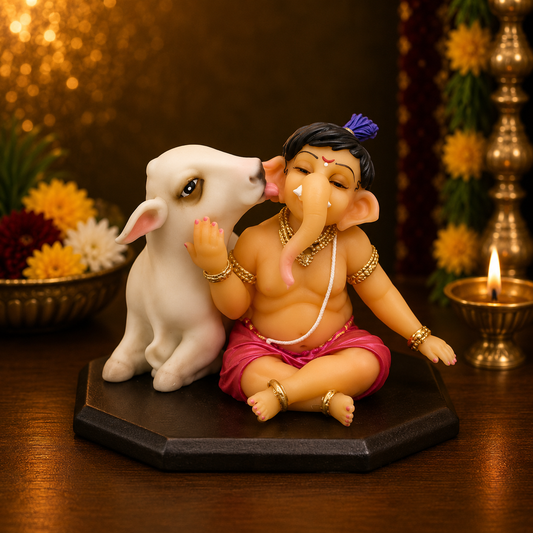 Kamdhenu Ganpati Bappa Murti (3.5 inch) – Ganesh with Kamdhenu Cow Idol