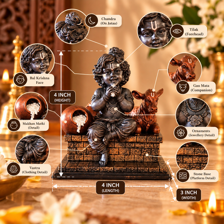 Bal Krishna Murti (4 inch) – Makhan Chor Krishna with Cow Idol for Home Mandir
