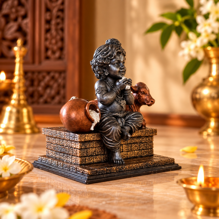 Bal Krishna Murti (4 inch) – Makhan Chor Krishna with Cow Idol for Home Mandir