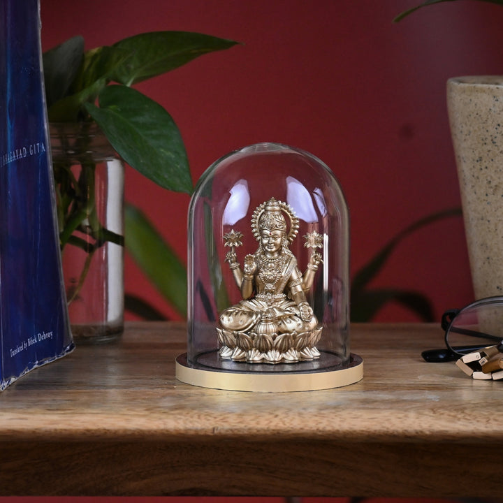 Shri Mahalakshmi Idol with Glass Dome (4 inch) – Lakshmi Murti for Home Mandir & Cash Counter