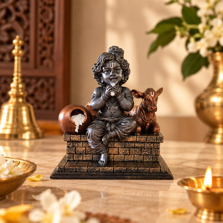 Bal Krishna Murti (4 inch) – Makhan Chor Krishna with Cow Idol for Home Mandir