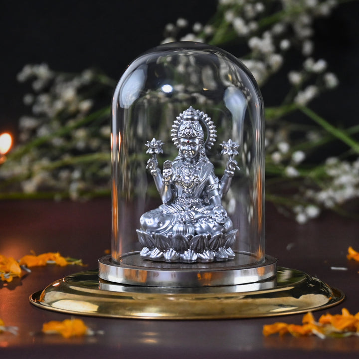 Shri Mahalakshmi Idol with Glass Dome (4 inch) – Lakshmi Murti for Home Mandir & Cash Counter
