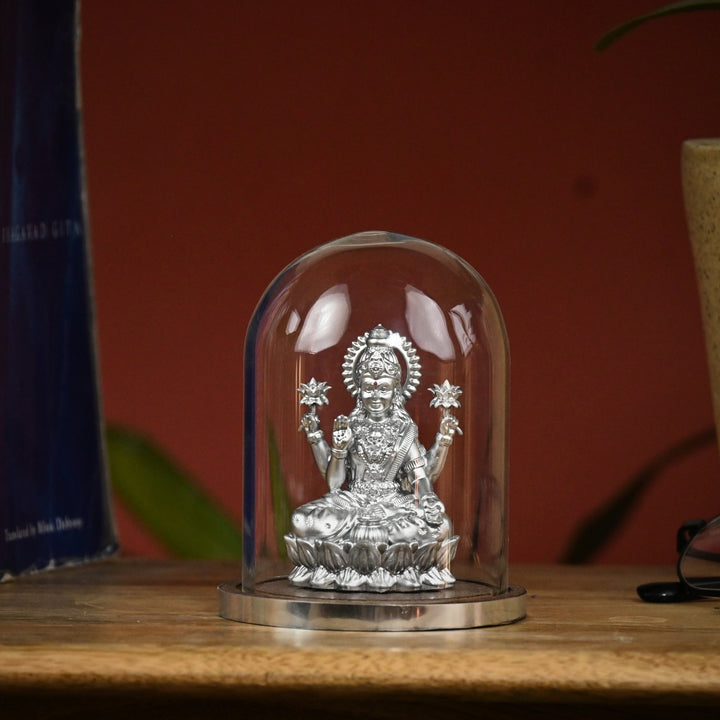 Shri Mahalakshmi Idol with Glass Dome (4 inch) – Lakshmi Murti for Home Mandir & Cash Counter