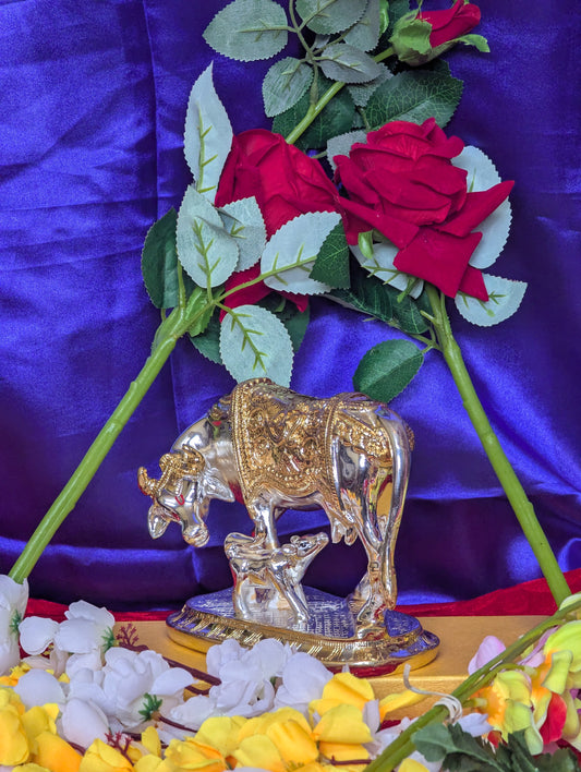 Kamdhenu Cow with Calf Idol - Gold & Silver Plated