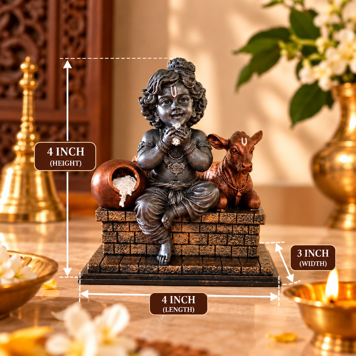Bal Krishna Murti (4 inch) – Makhan Chor Krishna with Cow Idol for Home Mandir